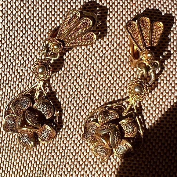 Victorian Etruscan filagree art nouveau Revival gold silver signed 925 Earrings - Picture 10 of 12